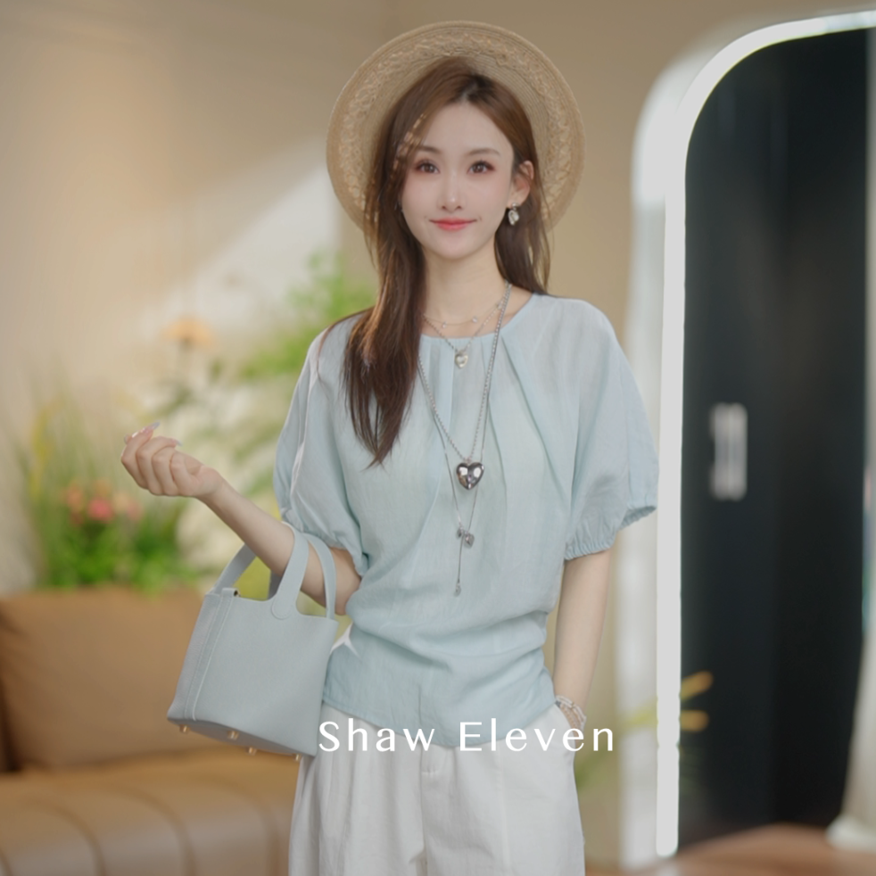 Y现【ShawEleven】2025夏新法式圆领棉短袖系带短袖上衣小衫2631