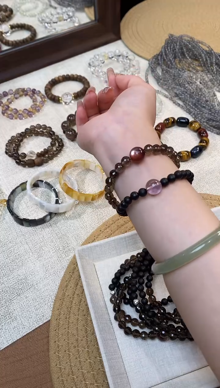 合金手链水晶《歌剧魅影》降真香茶晶粉锂紫晶双圈6-7mm多样性发一