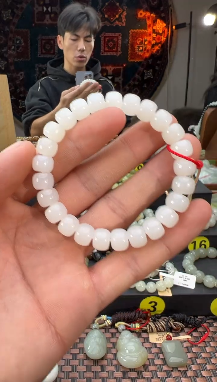 未镶嵌手串和田玉天泰白玉算盘珠手串卡8*10
