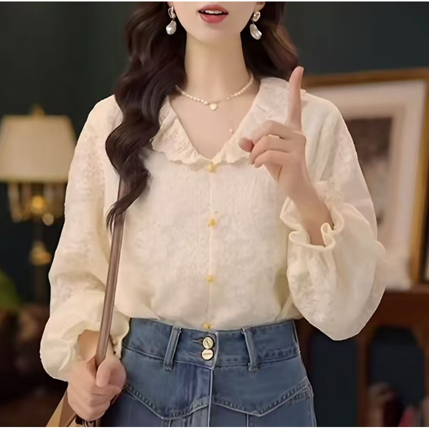 【清酒微甜】719杏色提花长袖女士衬衫早秋穿搭宽松蕾丝超上衣