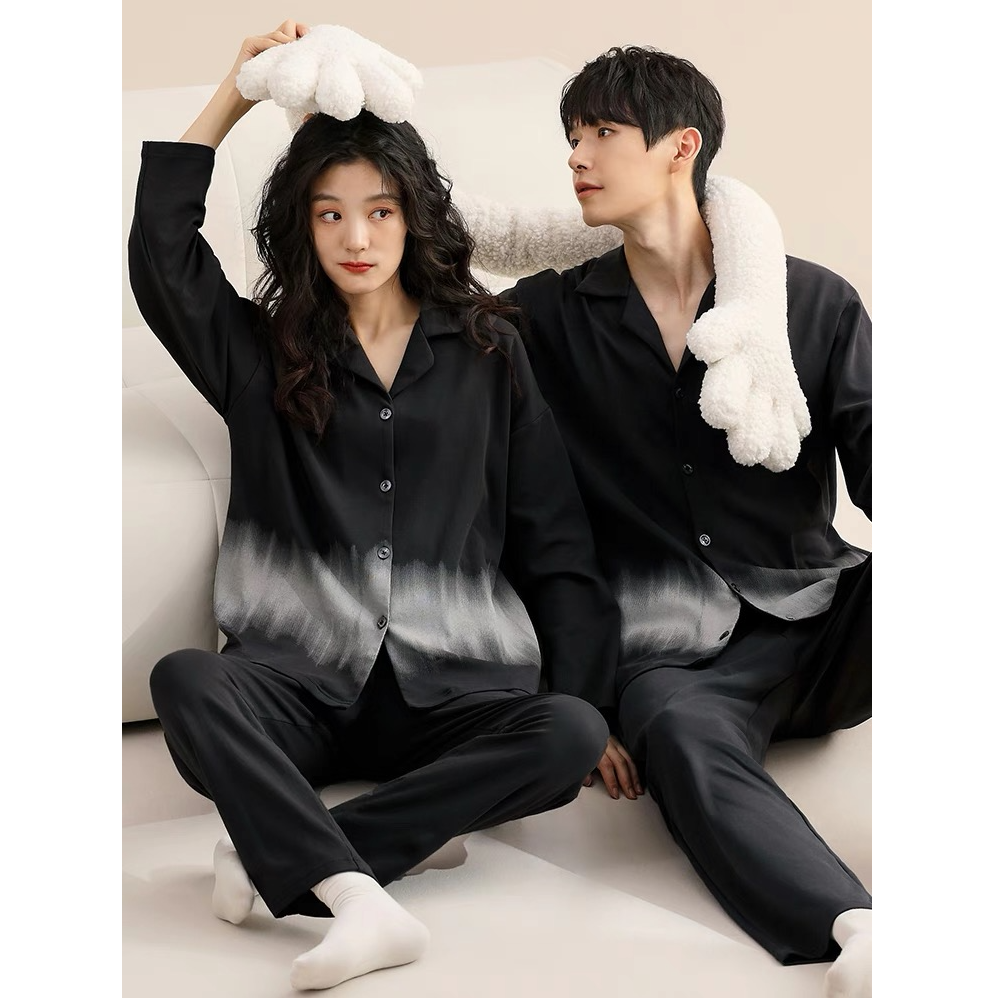 情侣睡衣黑色高级感开衫长袖长裤