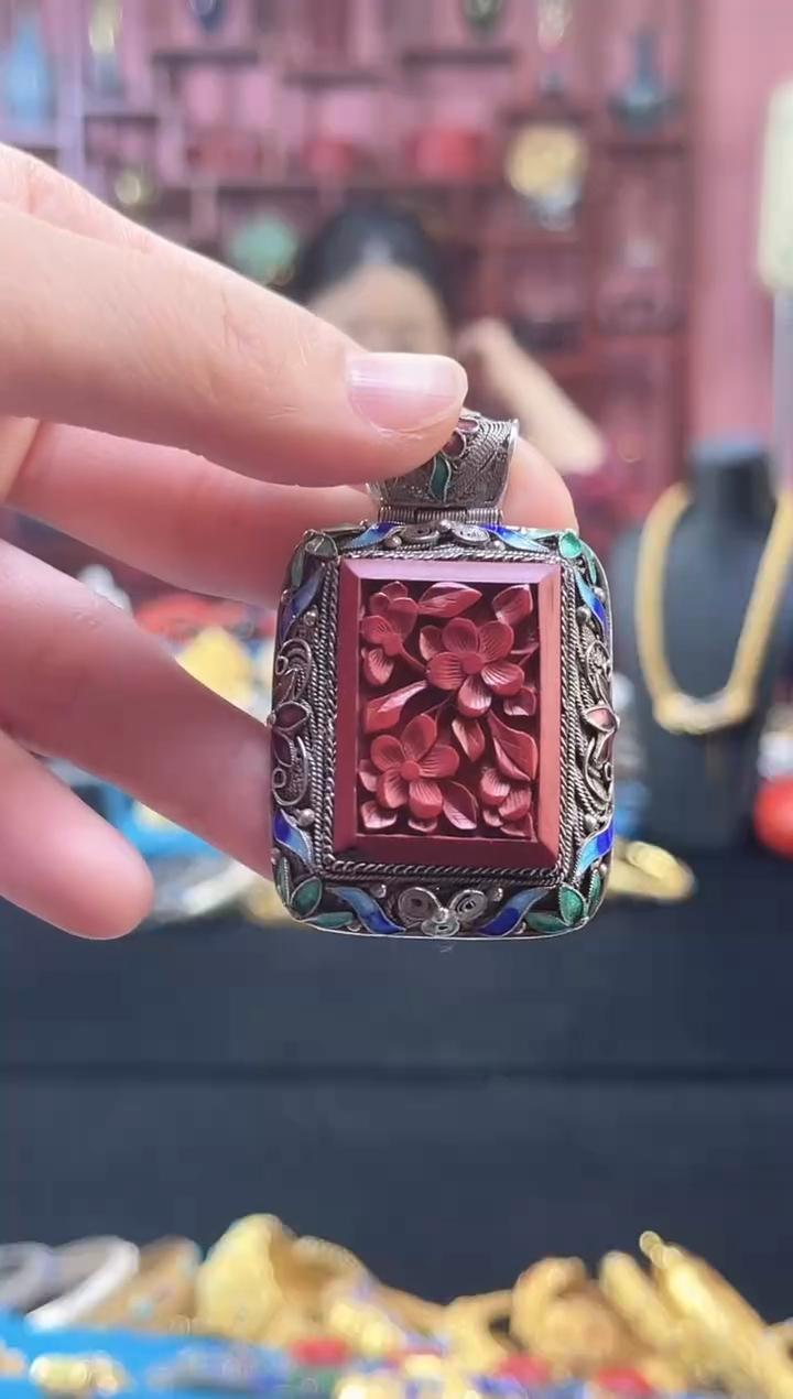 非遗 花丝镶嵌雕漆吊坠 素银 竖版