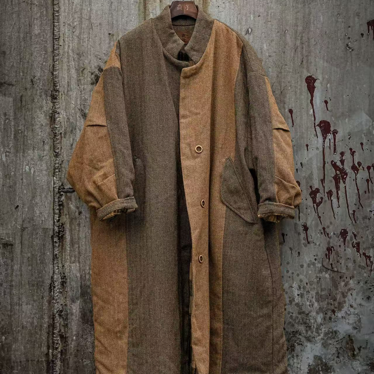 疯子张2024冬季新款呢料长款拼色休闲时尚百搭宽松拼接棉衣08402