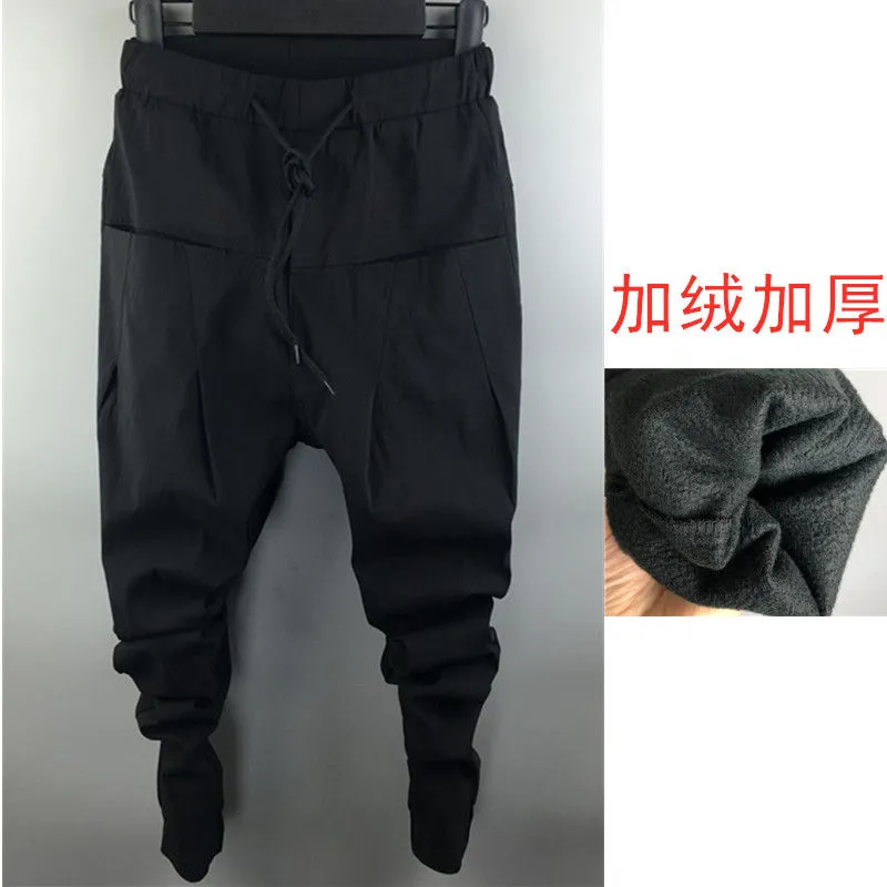 加绒加厚大码哈伦裤男士宽松高弹胖子黑色小脚束口休闲裤男裤长裤