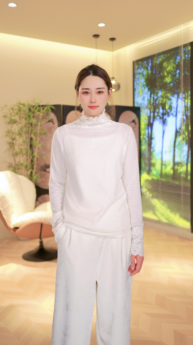 5026《步月》常熟秋冬新款长袖蕾丝上衣时尚百搭提花修身打底衫