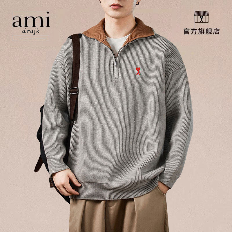 正品AMIDRAJK冬季撞色polo领毛衣男冬半拉链毛线上衣宽松针织衫