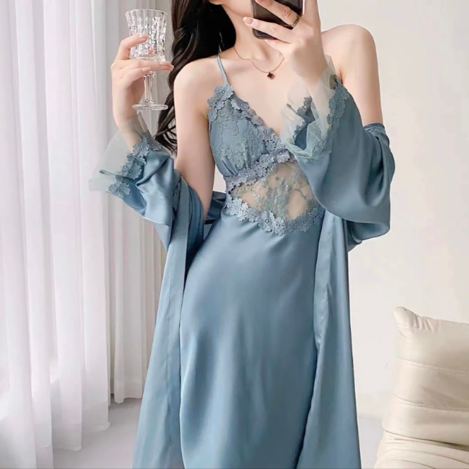 冰丝睡裙性感交叉美背情调蕾丝吊带睡裙家居服睡裙睡袍纯欲