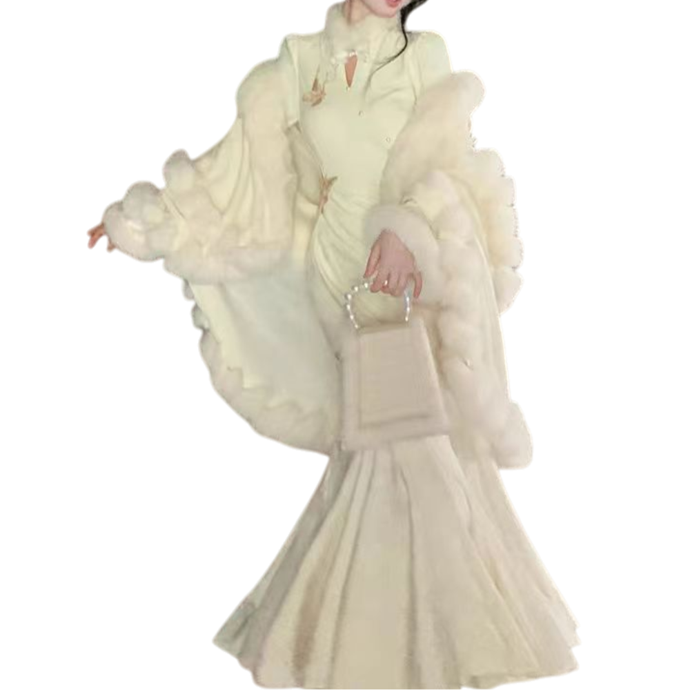 麦麦家高级感新中式抓绒提花连衣裙气质国风鱼尾旗袍