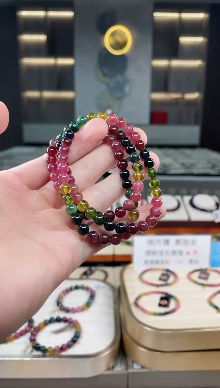 未镶嵌冰透体老矿碧玺彩虹三圈手串6mm+碧玺多样性发一条xion