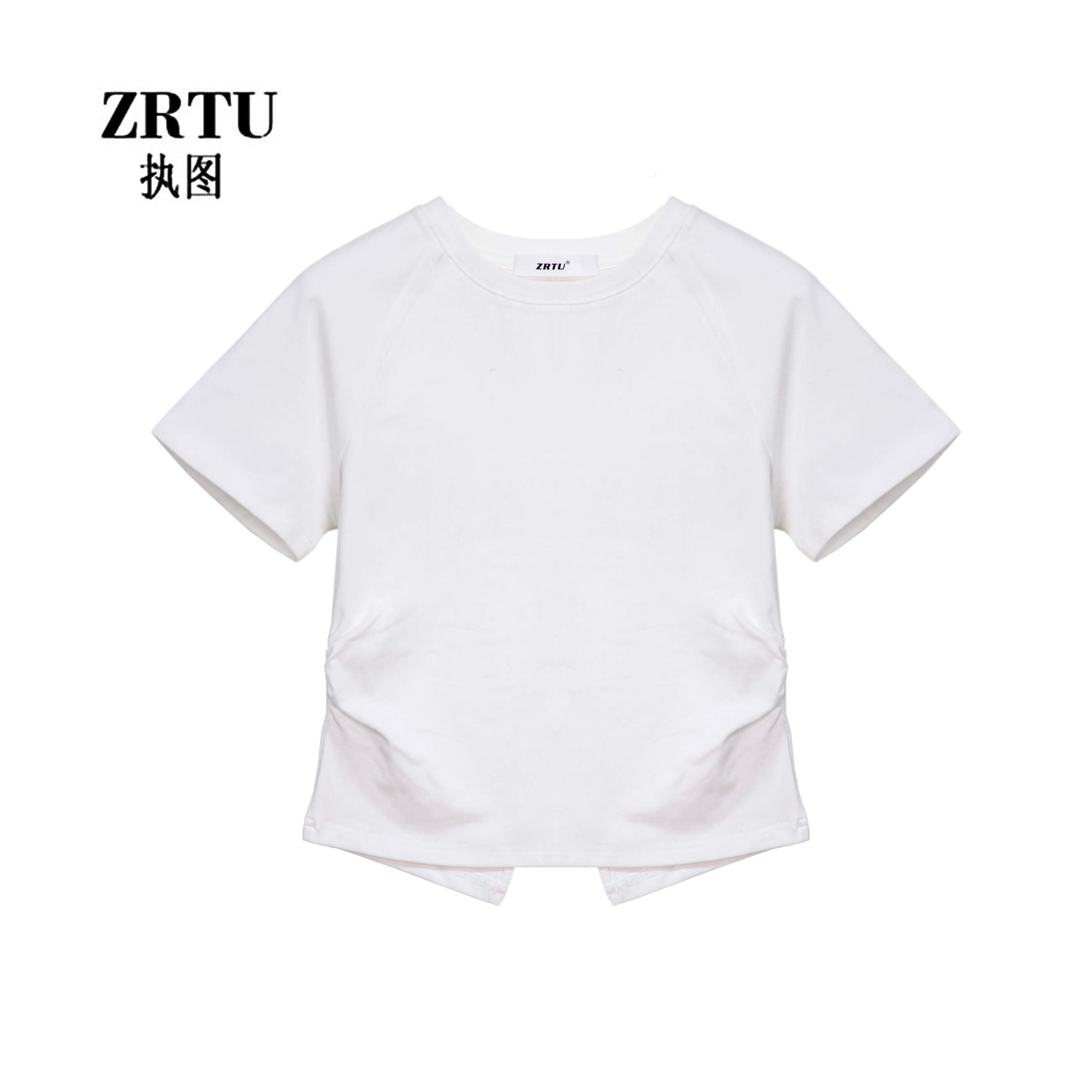 【路妹玲玲专属】ZRTU/执图后开叉褶皱短袖女圆领上衣显瘦纯色T恤