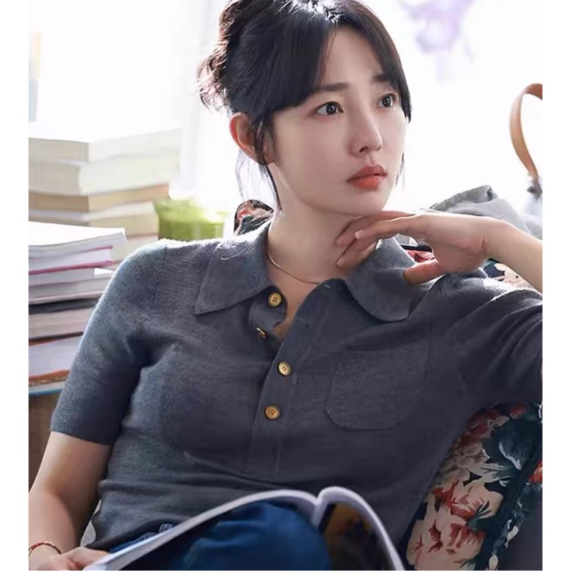 2025新款白百何纯色套头百搭显瘦短袖针织洋气POLOpolo领短袖女