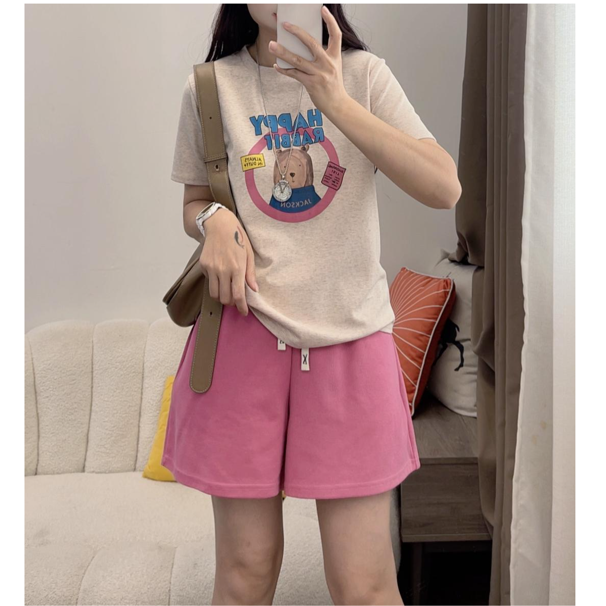 韩系简约正肩短袖t恤女春夏新慵懒风卡通小熊印花体恤套装DYY2850