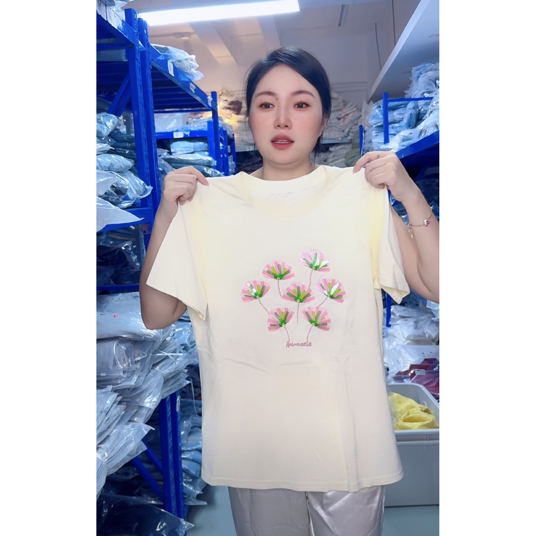 三色发财树钉珠贴片上衣T恤A019