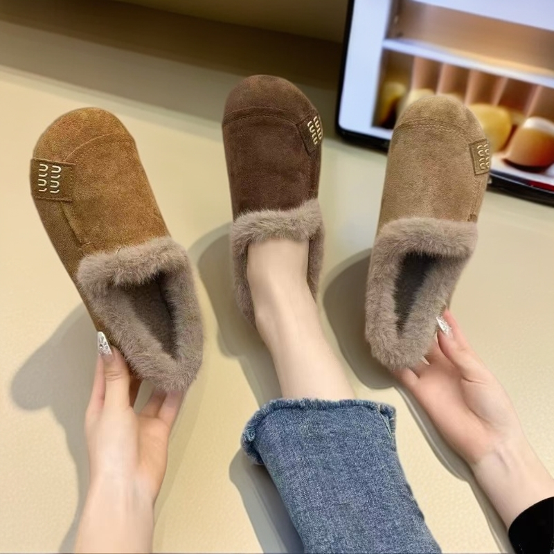 【运费险补贴】冬季新款防滑一脚蹬棉鞋女平底加绒保暖复古豆豆鞋