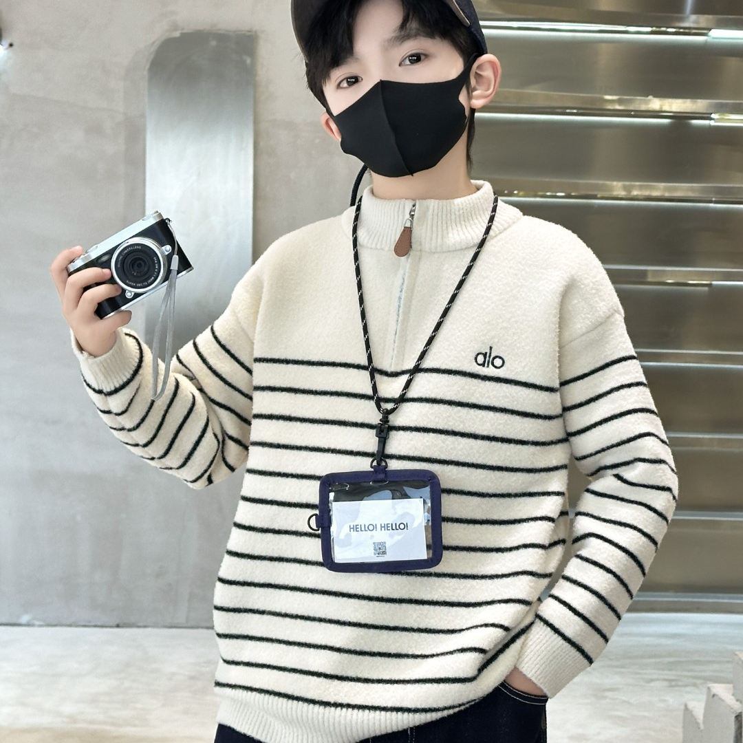 【加绒不起球】韩国绒条纹童装毛衣针织衫立领半拉链一体绒保暖冬款