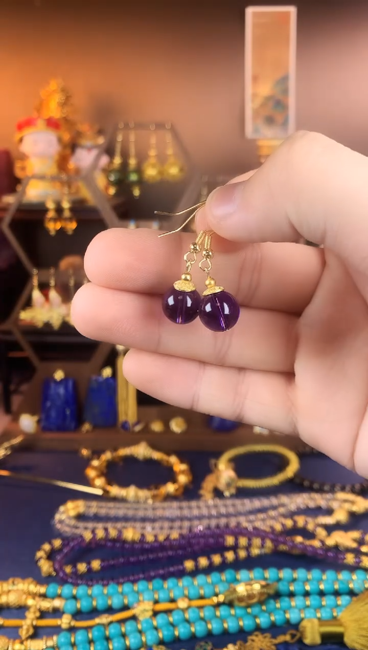 【闪购商品】紫晶耳饰银S925镀金镶嵌紫色水晶莲花耳钩