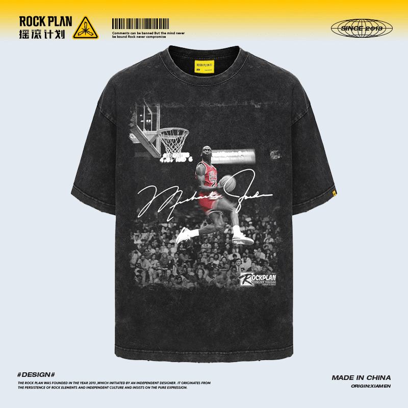 摇滚计划飞人mj美式做旧嘻哈宽松复古男女同款圆领纯棉高街短袖