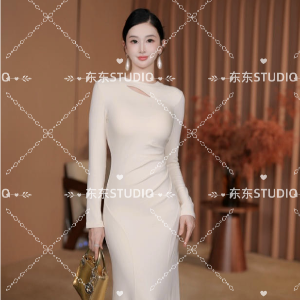 东东定制【白月光】法式挖空褶皱收腰显瘦气质温柔鱼尾针织连衣裙