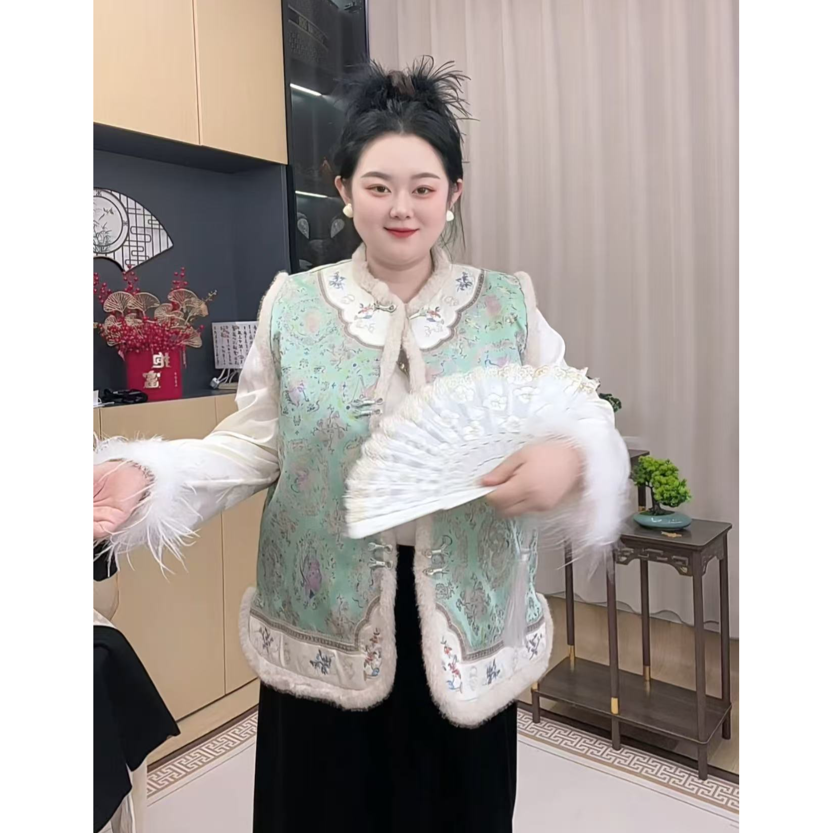 胖小旭【朝花夕拾】冬大码提花提花圆领新中式云肩马夹复古国风马甲