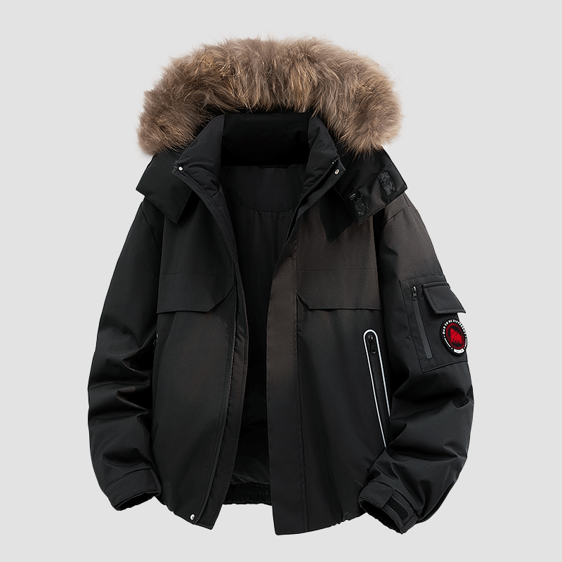 座山雕系列抗皱毛领保暖耐磨户外连帽短款羽绒服