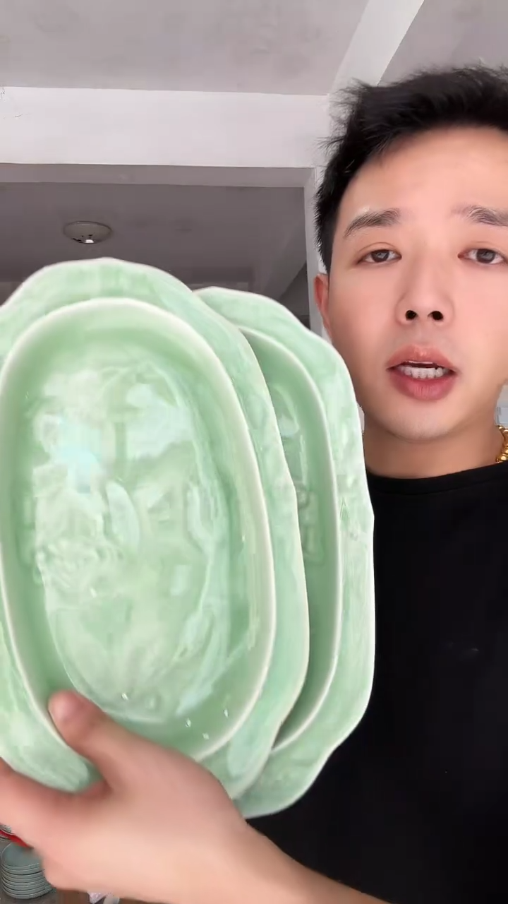 瓷片糖**豆绿色鱼盘2个装