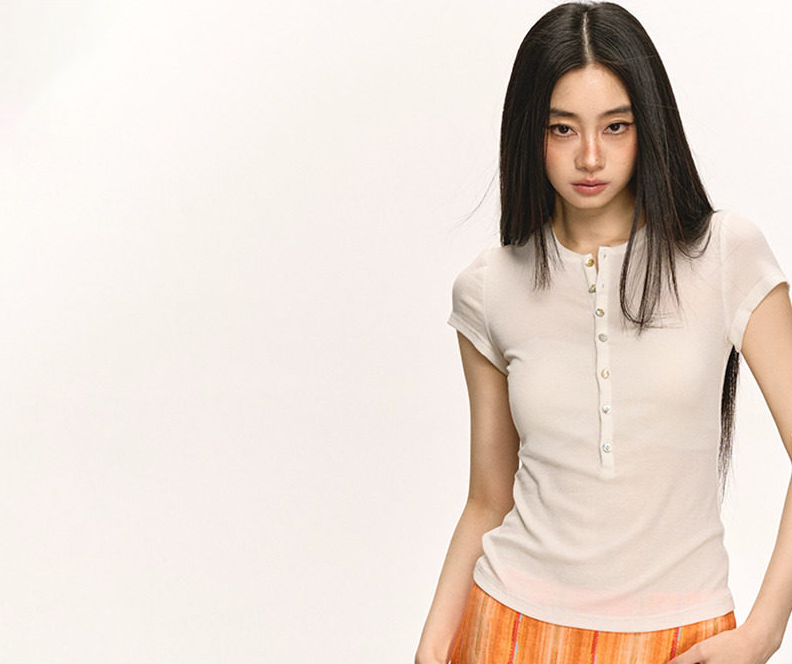 亨利领棉质短袖T恤女夏正肩修身显瘦短款上衣