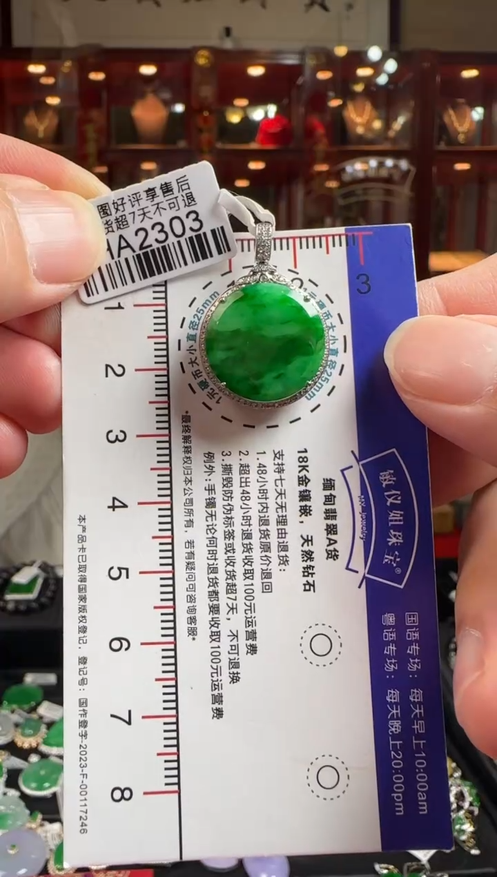 【闪购商品】翡翠颈饰18K金镶嵌HA2303冰辣绿无事牌
