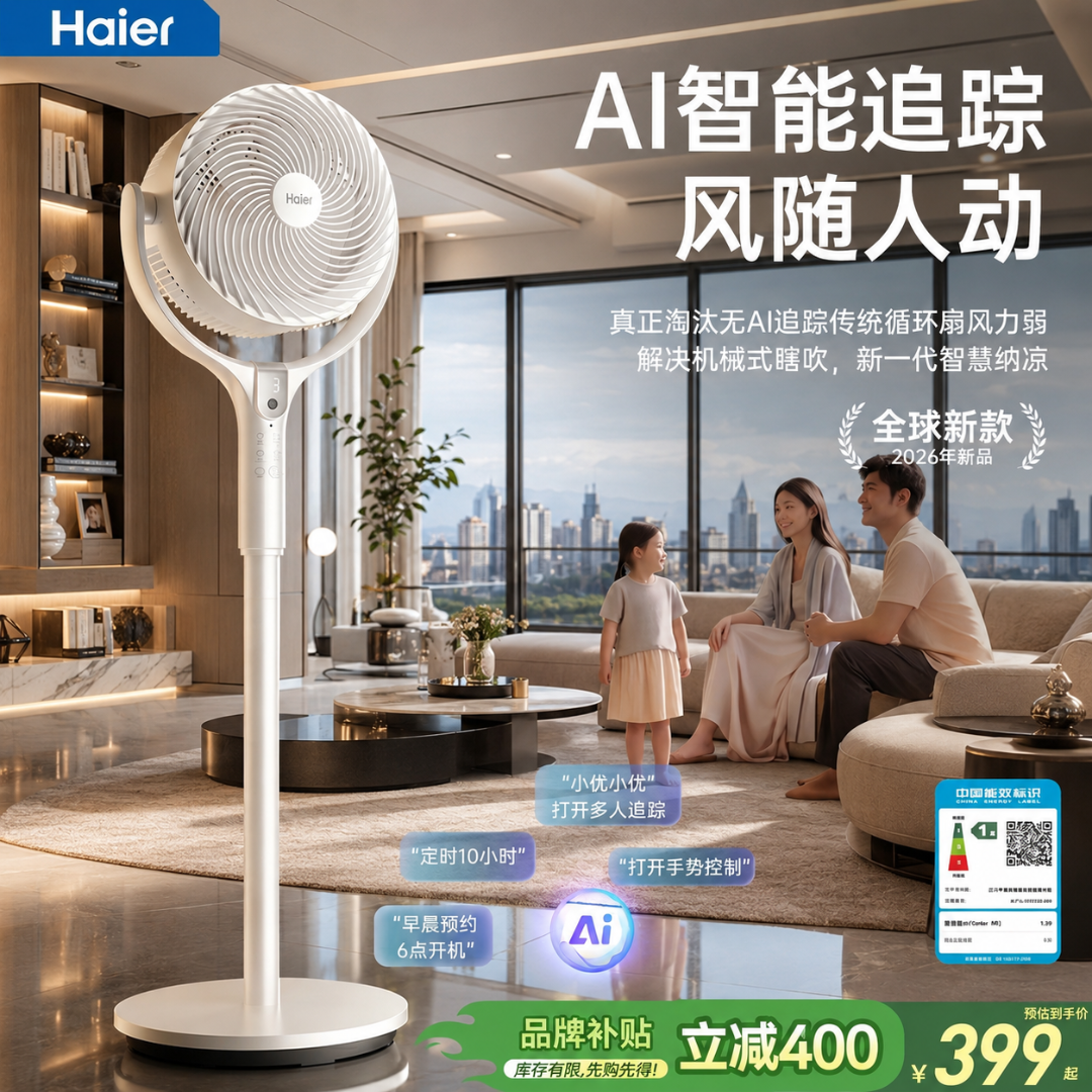 海尔Ai摄像头空气循环扇风随人动落地扇大客厅直流变频电风扇家用商品图