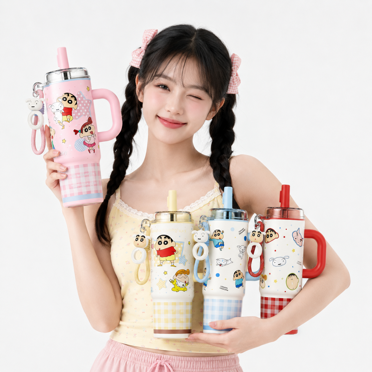 【正版蜡笔小新】810ML大容量冰霸杯保冷保温杯可爱吸管316L水杯子