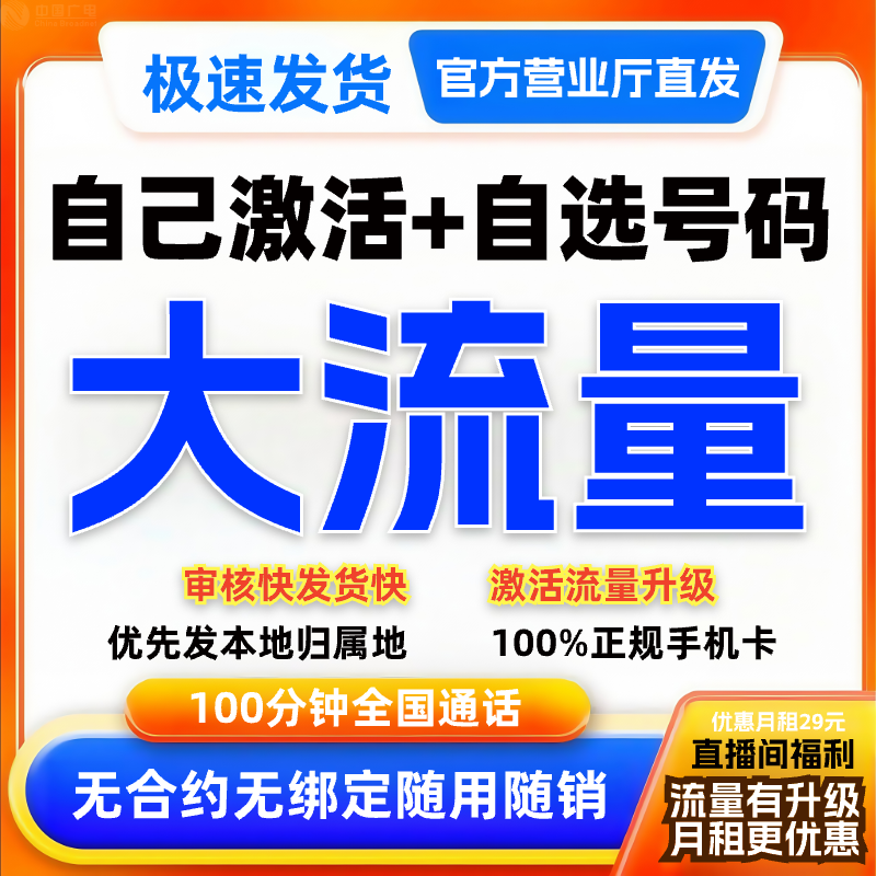 【自己激活•选号】王卡大流量卡推荐不限速手机卡电话卡广电M-B1