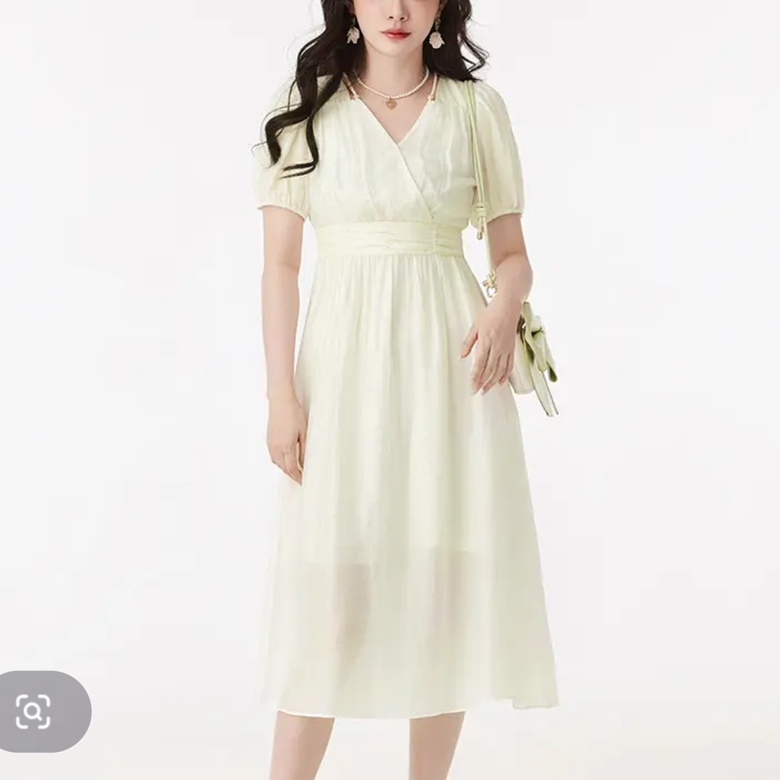 T2090气质V领中长裙松紧腰裙子连衣裙女夏法式温柔风C12