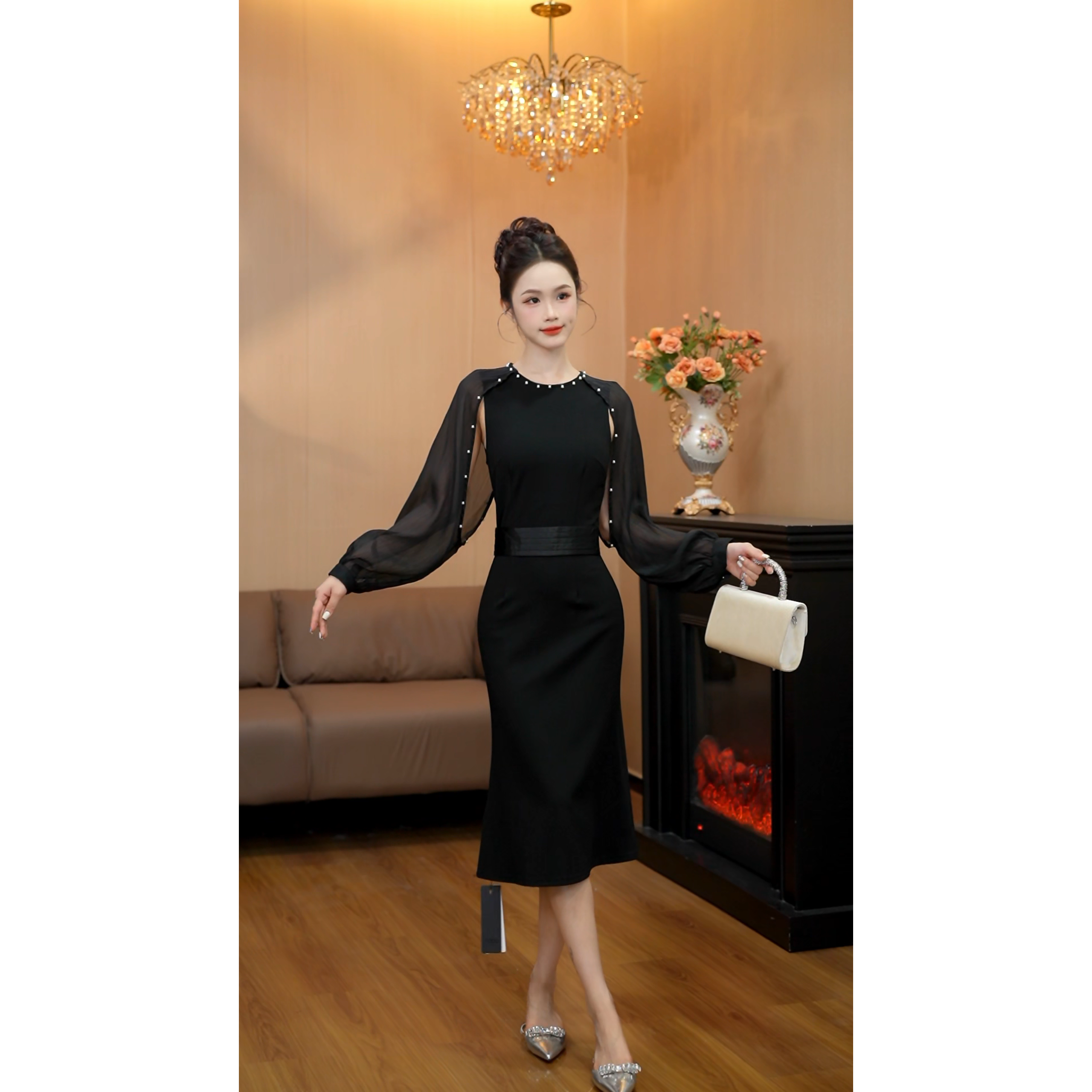 2095秋季通勤显瘦收腰拼接气质连衣裙长款