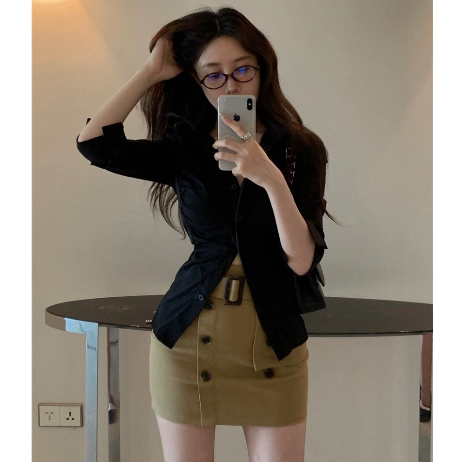 【鱼鲨鲨专属】高级气质卡其色纽扣包臀显瘦性感洋气衣服女夏日