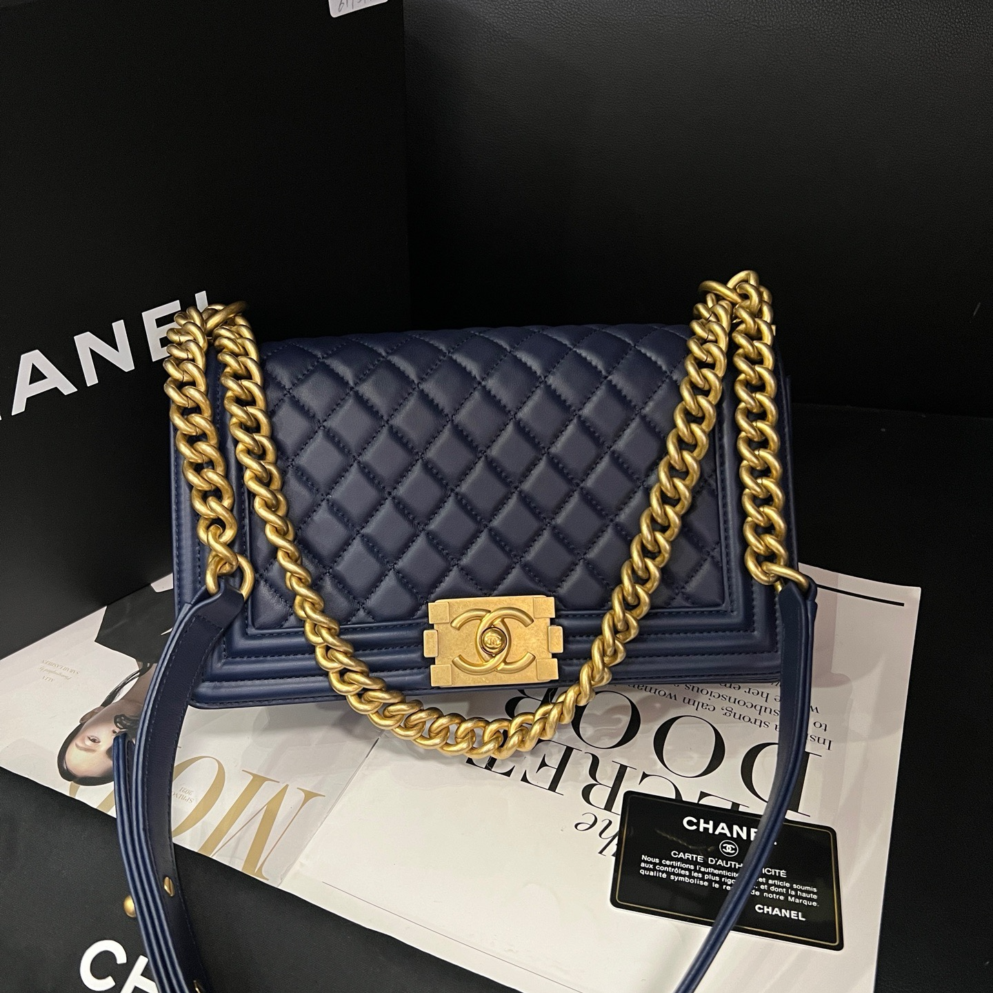 99新 Chanel/香奈儿 专柜58800蓝20年中号leboy单肩D154寄卖服务