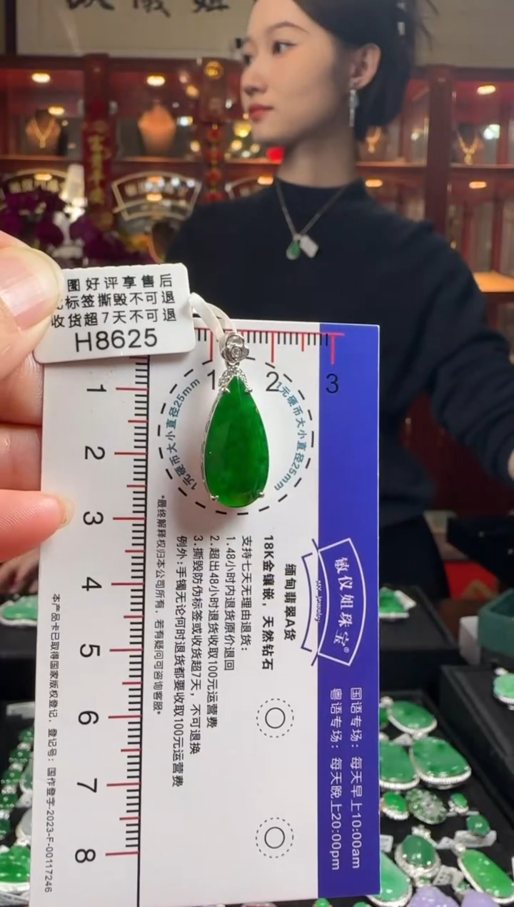 【闪购商品】翡翠颈饰18K金镶嵌H8625冰辣绿滴水