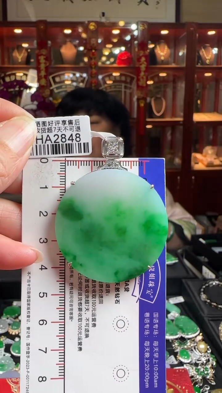 【闪购商品】翡翠颈饰18K金镶嵌HA2848 辣绿无事牌
