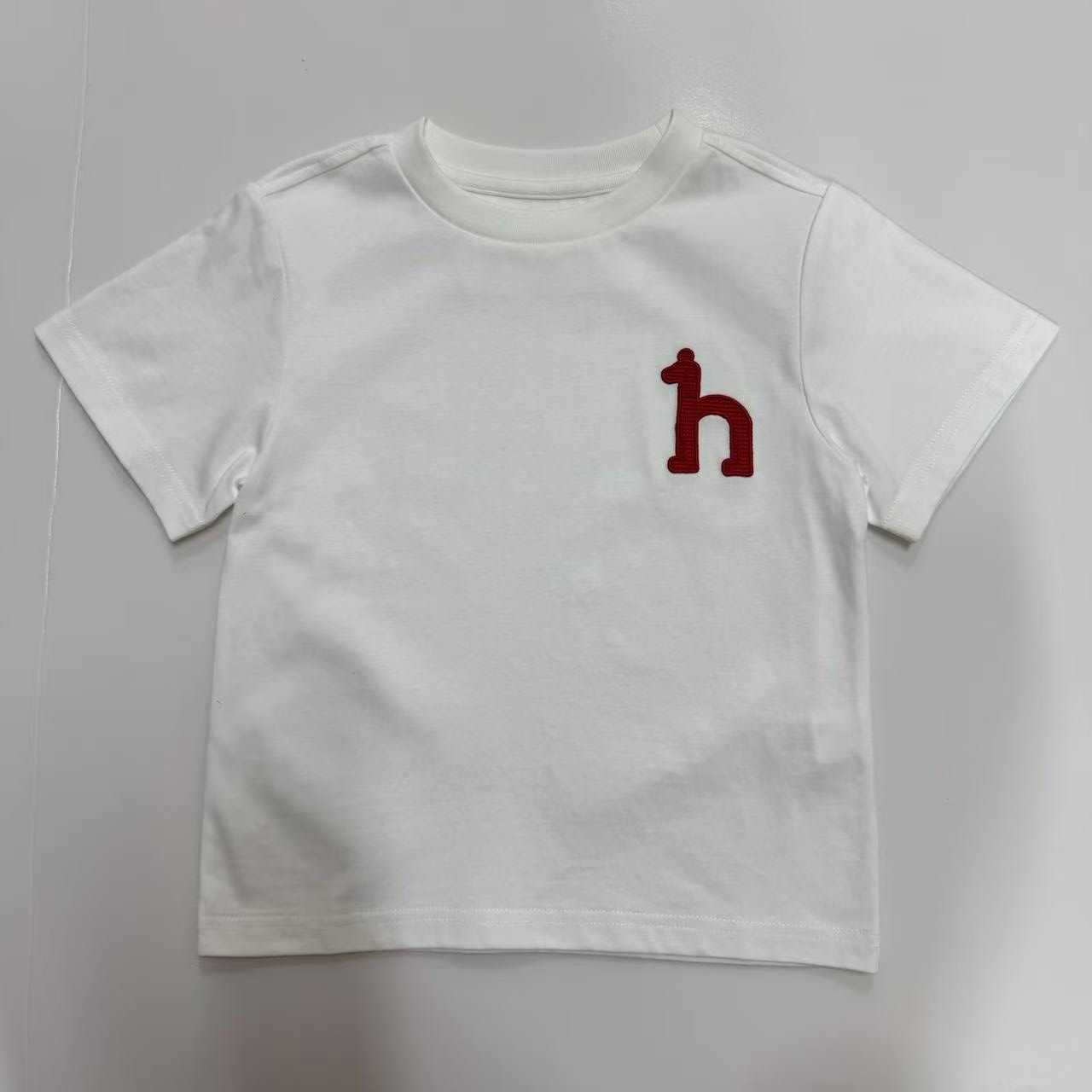 夏季女童洋气圆领纯色瓦片刺绣h标短袖T恤夏装宝宝出门儿童25001