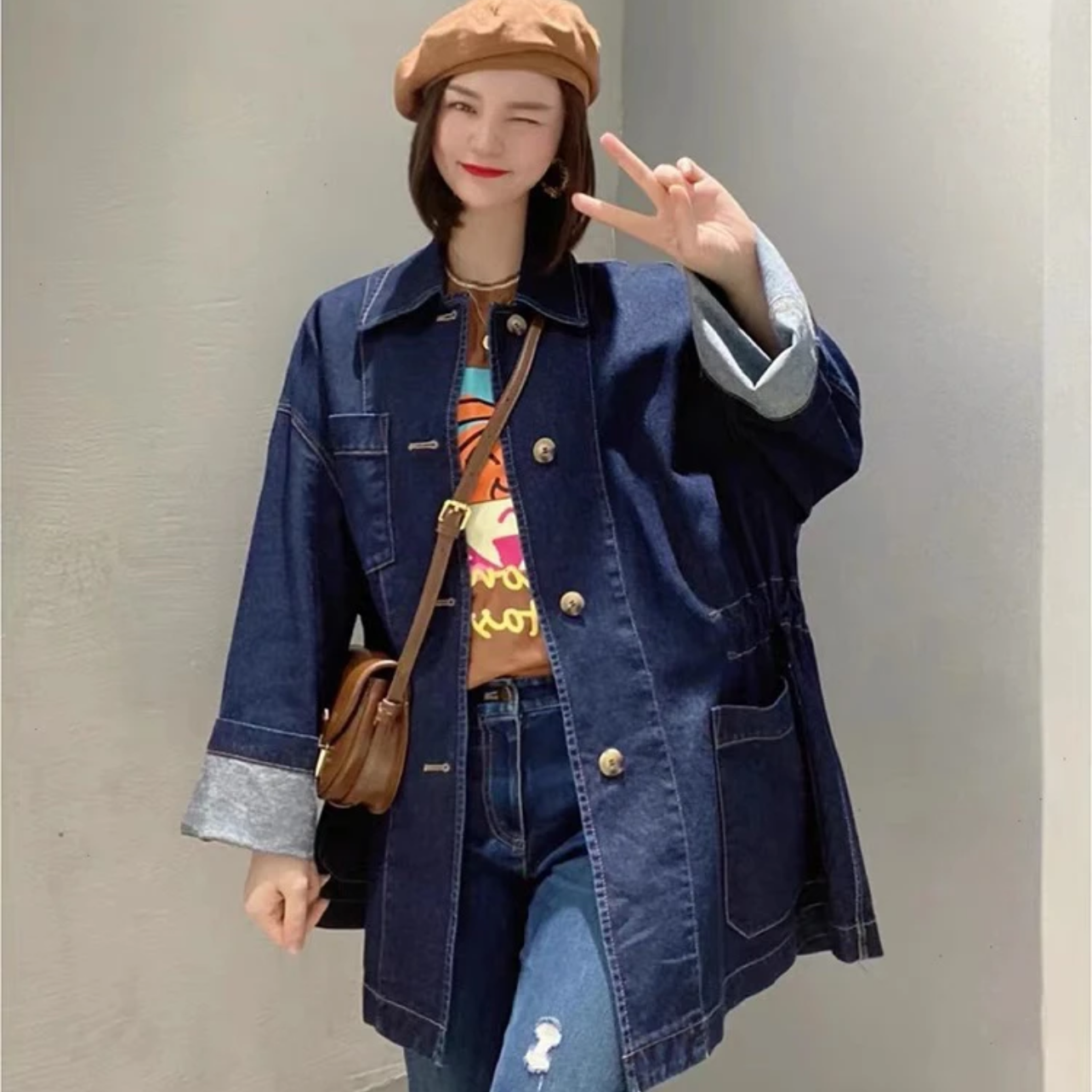 【商场同款】春秋休闲水洗复古牛仔外套翻领中长款工装上衣5400596