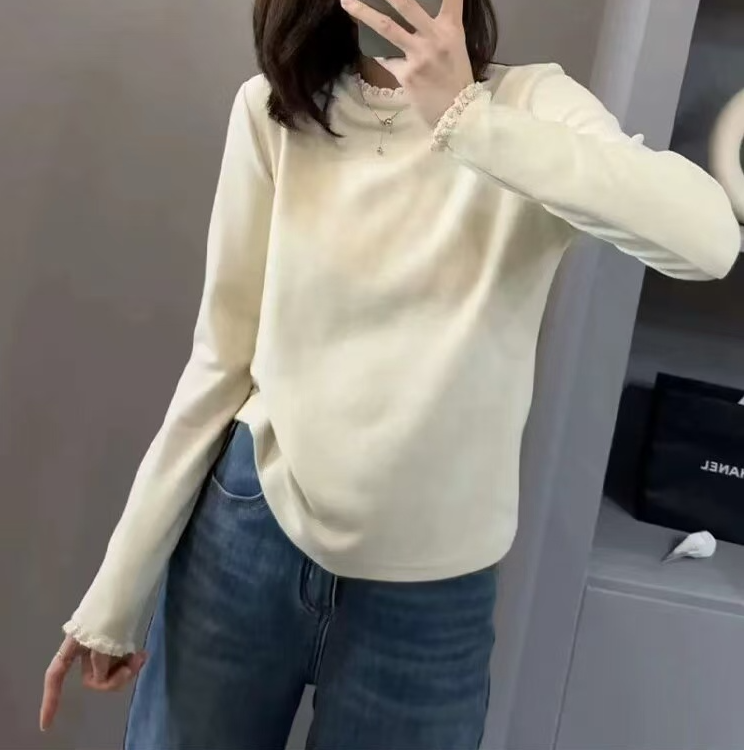 花边领加绒保暖打底衫女款大码胖MM秋冬气质显瘦长袖内搭t恤上衣