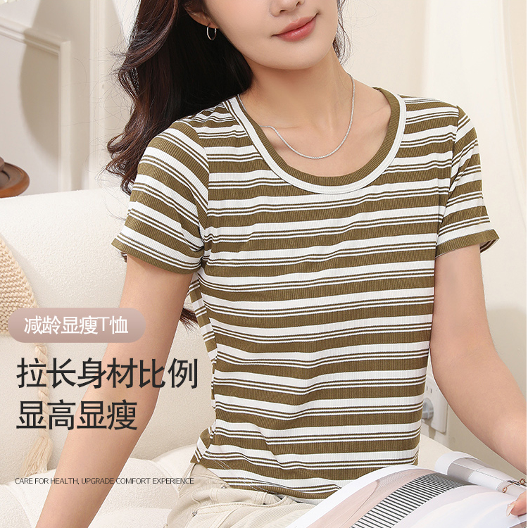 条纹圆领短袖夏季小清新修身减龄显瘦百搭T恤TX137