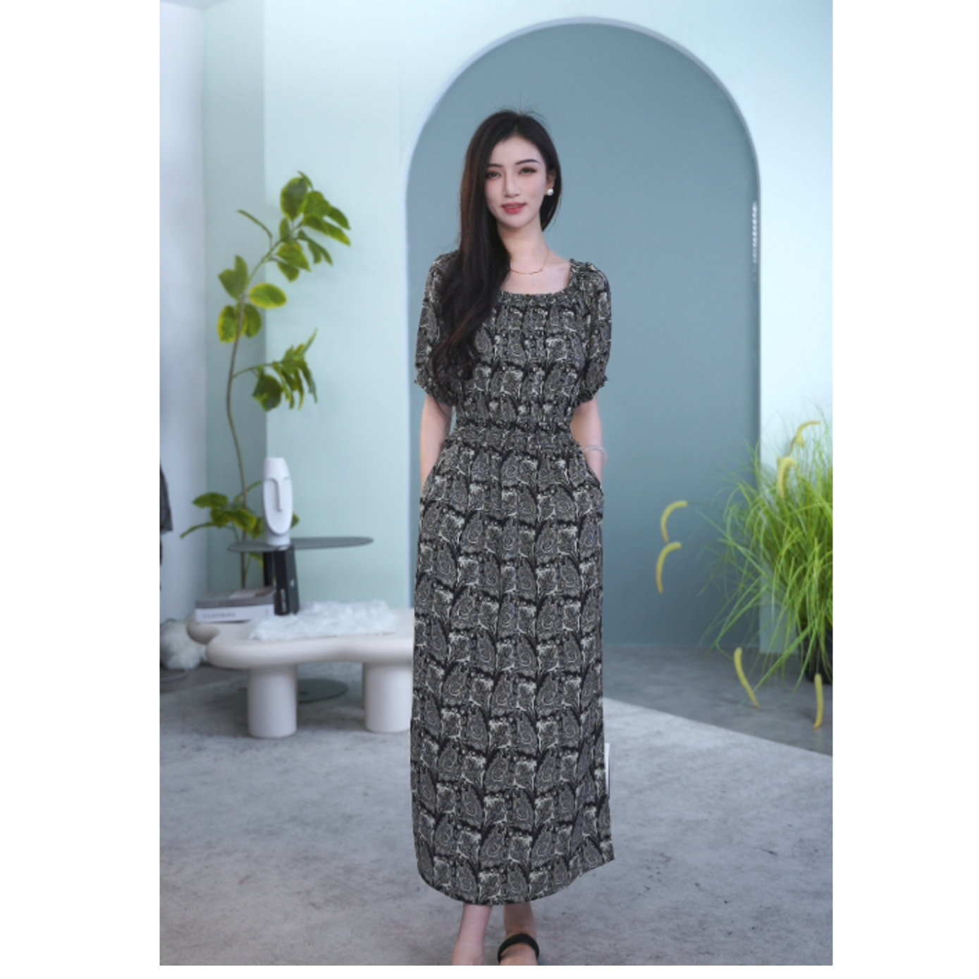 【粉丝专属】圆领连衣裙夏季收腰中长款印花裙气质连衣裙M534101167