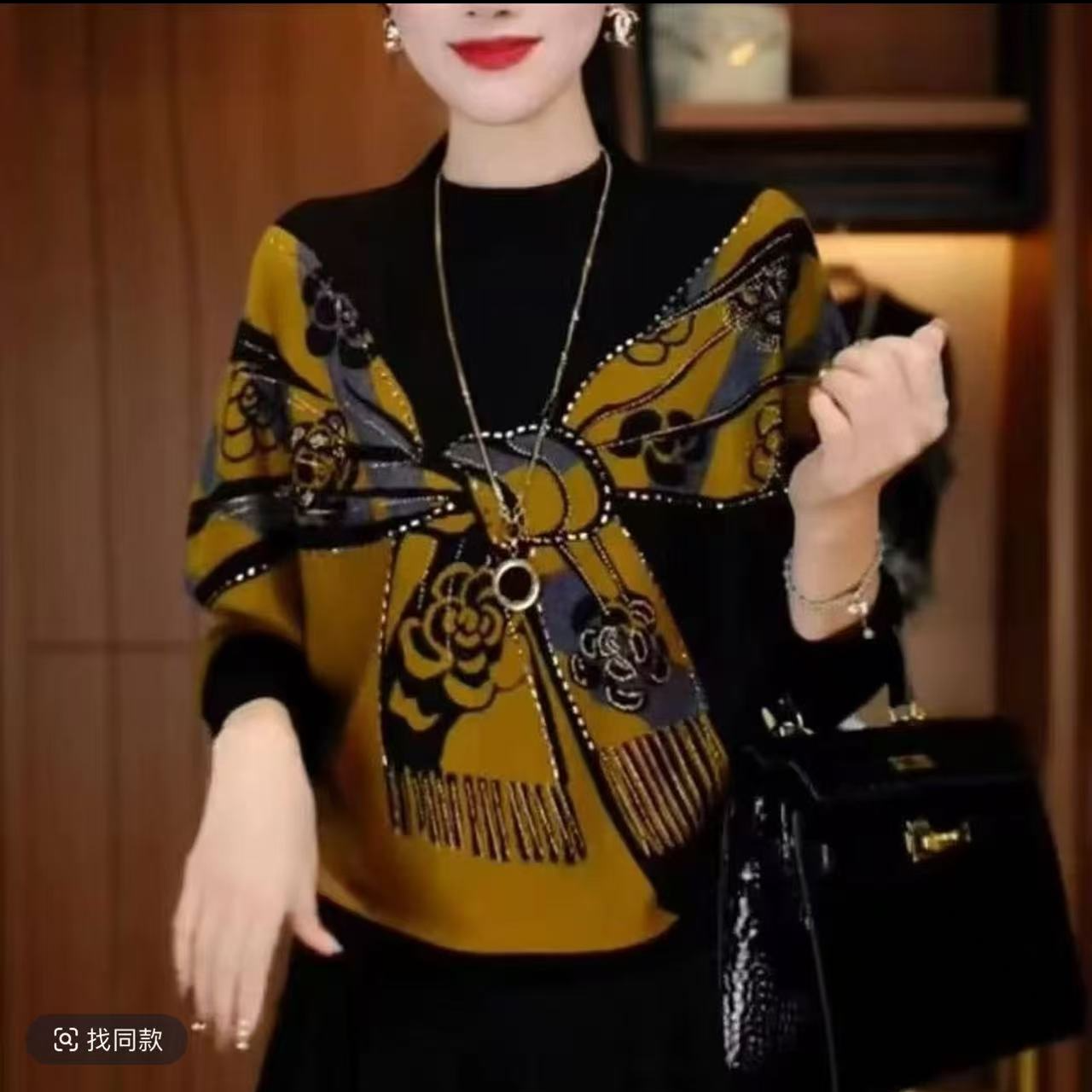 时尚设计款拼色烫钻德容女秋冬新款宽松显瘦减龄百搭打底衫2