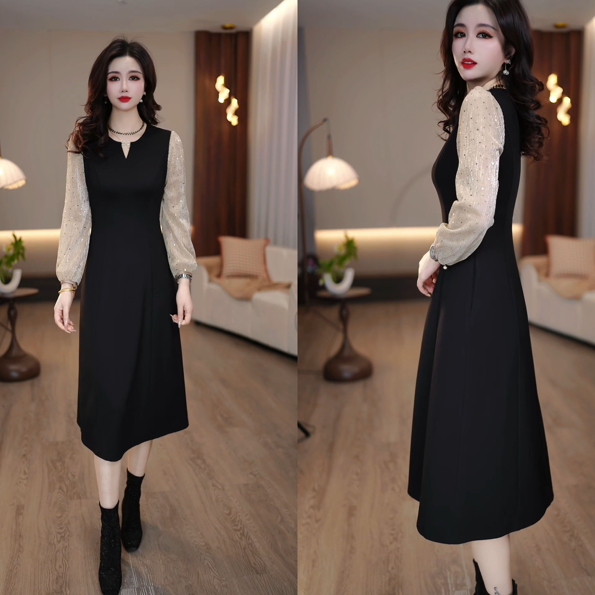 2025春季新款金色细闪拼接黑色简约修身时尚显瘦百搭连衣裙M-4XL