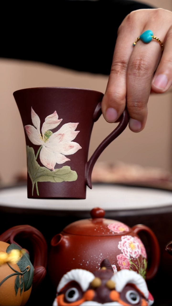 茶壶紫砂紫泥喇叭手把杯荷花