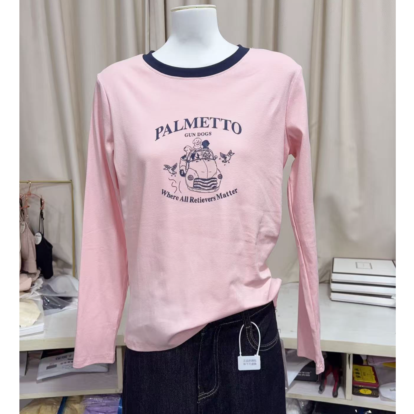 新款A3136粉PA卡通印花撞领长袖