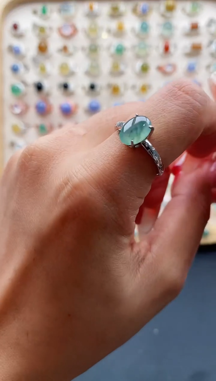 【闪购商品】翡翠戒指银S925镶嵌缅甸天然A货翡翠111 7+5