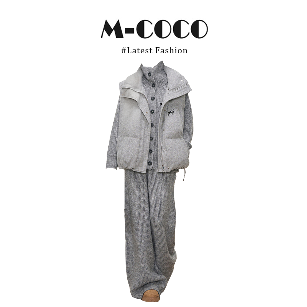 MARIE.COCO韩系慵懒风马甲背心棉服套装秋冬马夹针织休闲裤三件套