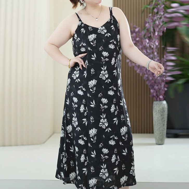 新款吊带裙重磅浮雕提花缎玫瑰碎花连衣裙可调节肩带大码夏季长裙