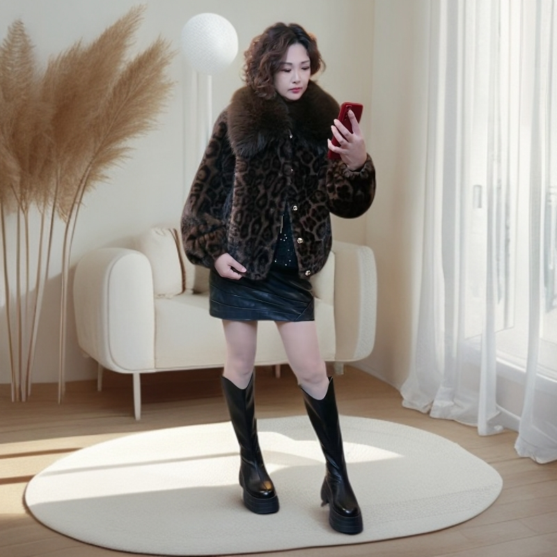海宁正品时尚豹纹外套大毛领气质上衣保暖百搭6803