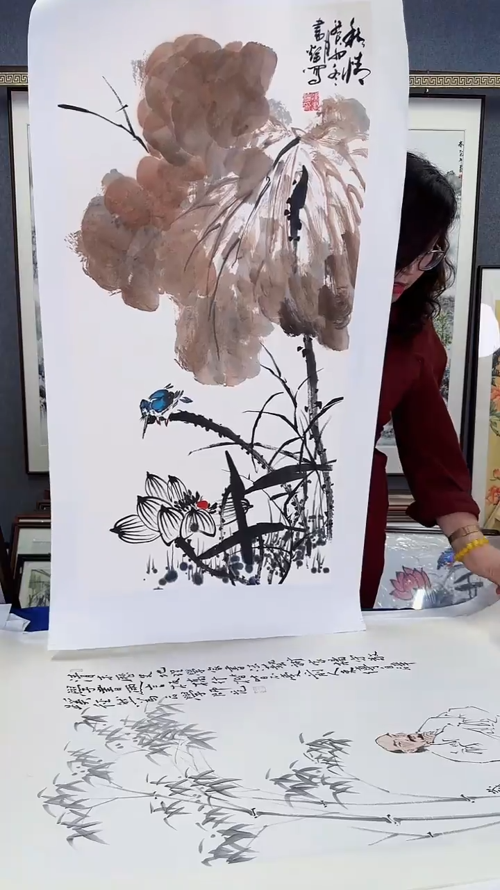 国画实木装裱 荷花 60*120